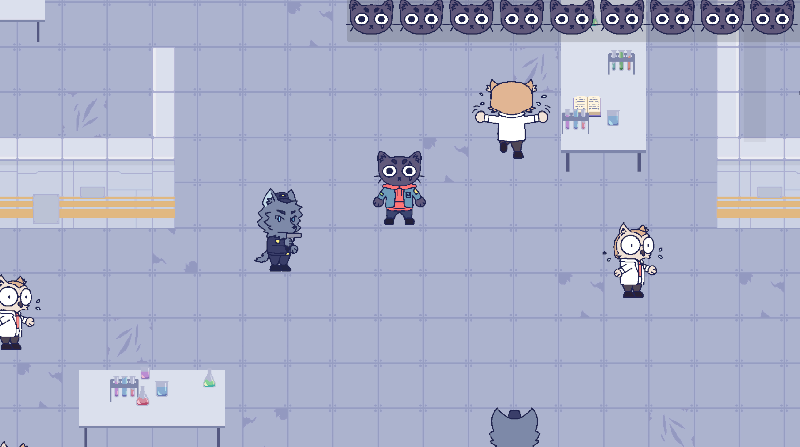 pixel-art cat stood in laboratory with scientists (owls) and armed guards (wolves)